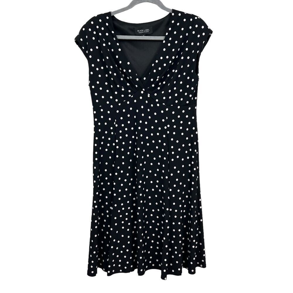 Evan Picone Black Label Women Polka Dot Dress Ruched V Neck Sleeveless Black 12*